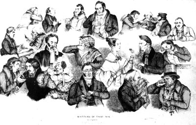 Cuestiones de Gusto No.4 En cuanto a esnifar, grabado hecho por W y J O Clerk, c.1835-40 de English School